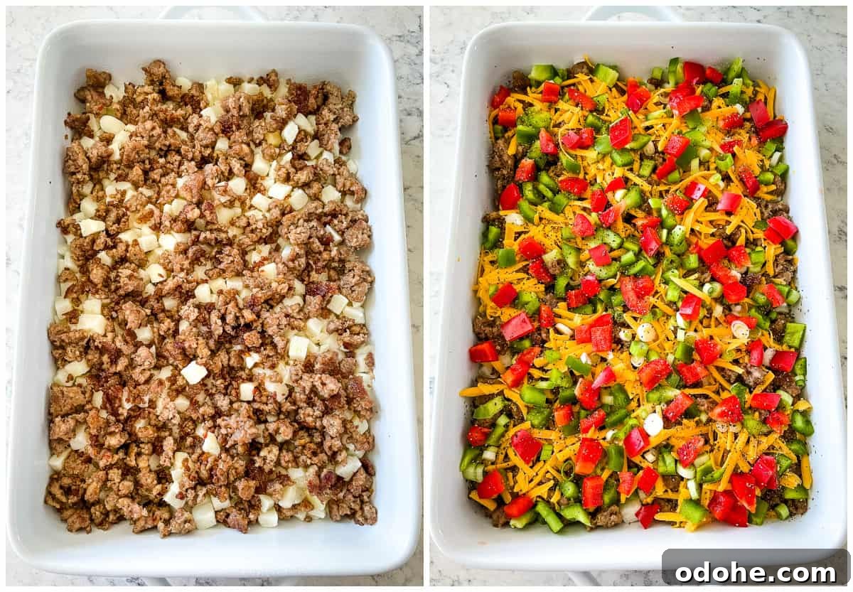 Sausage and Hashbrown Breakfast Casserole Recipe for Mornings 4 process shots - pan of breakfast casserole being assembled