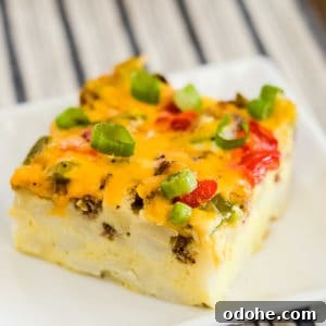 Sausage and Hashbrown Breakfast Casserole Recipe for Mornings 9 square of sausage hash brown breakfast casserole on a white plate