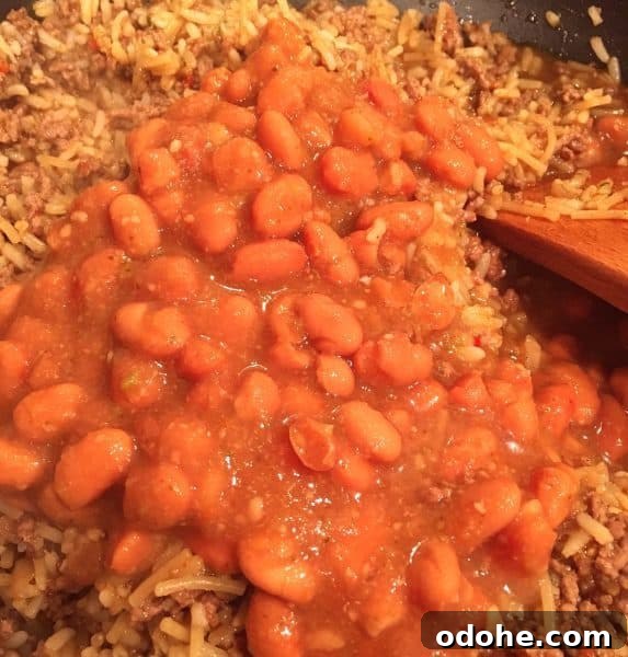 Adding Pinto Beans to meat and rice mixture