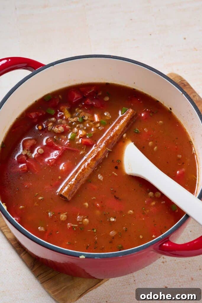 Cincinnati-Style Lentil Chili Recipe for Rich, Hearty Flavor 10 A pot of lentil chili simmering.