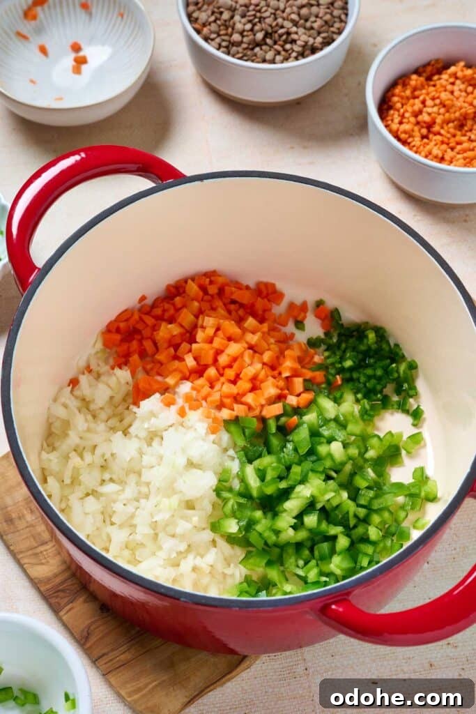 Cincinnati-Style Lentil Chili Recipe for Rich, Hearty Flavor 4 Chopped carrots, onion, bell pepper and jalapeño sautéing in a Dutch oven