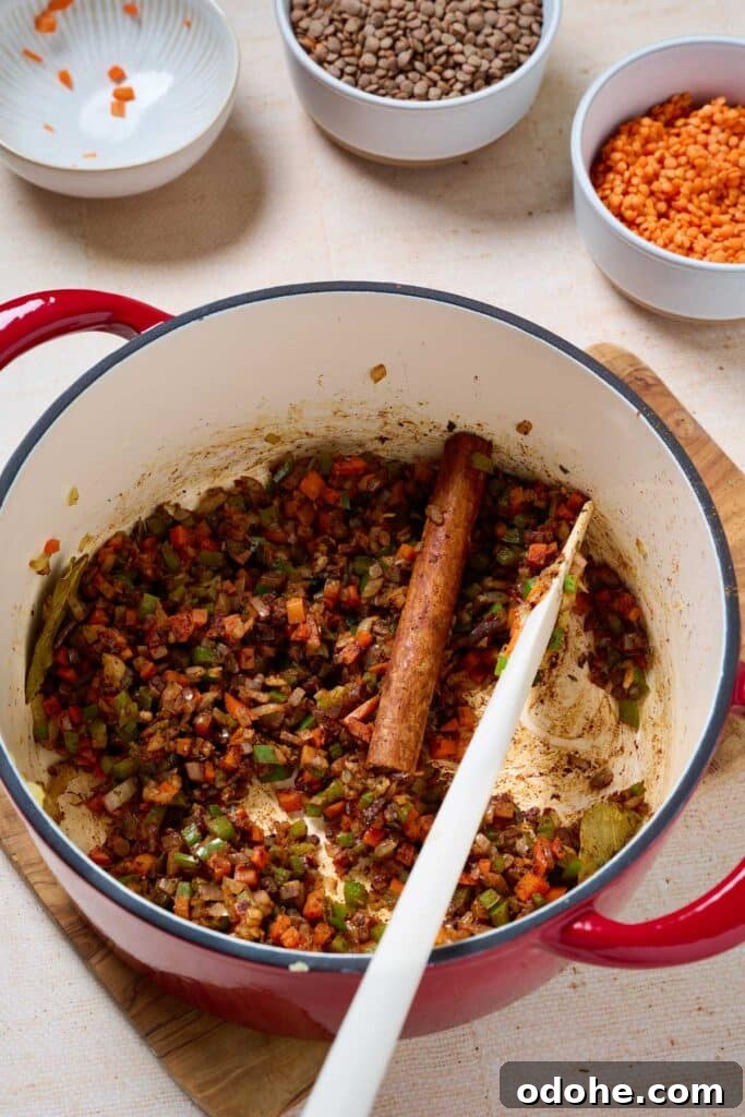 Cincinnati-Style Lentil Chili Recipe for Rich, Hearty Flavor 7 Spices blooming in a pot with sautéed veggies.