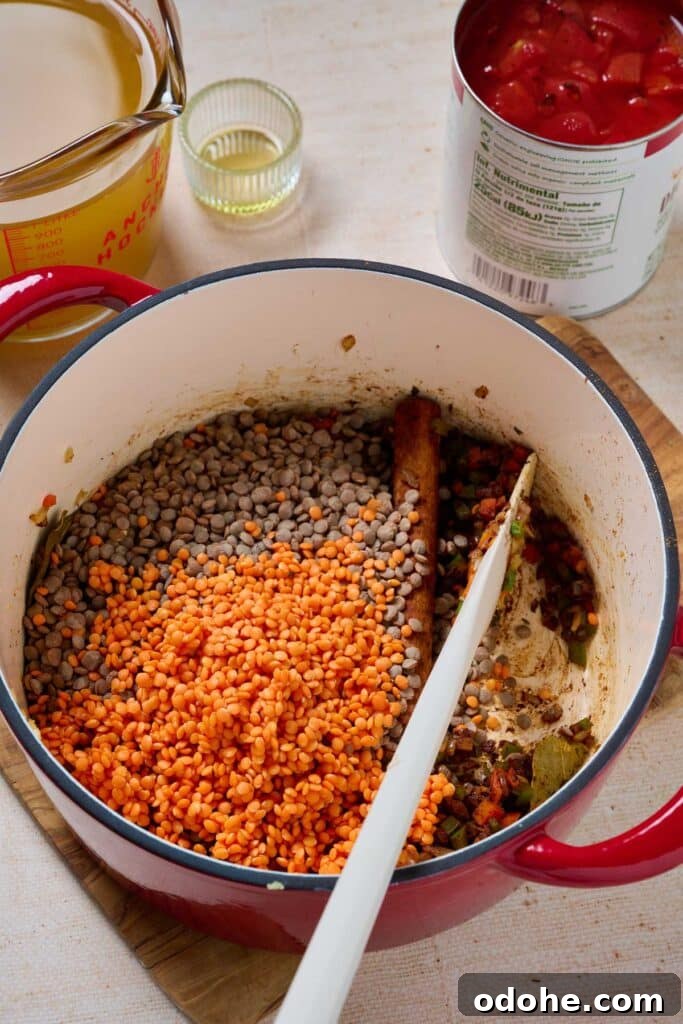 Cincinnati-Style Lentil Chili Recipe for Rich, Hearty Flavor 8 Brown and red lentils with veggies and spices in a pot