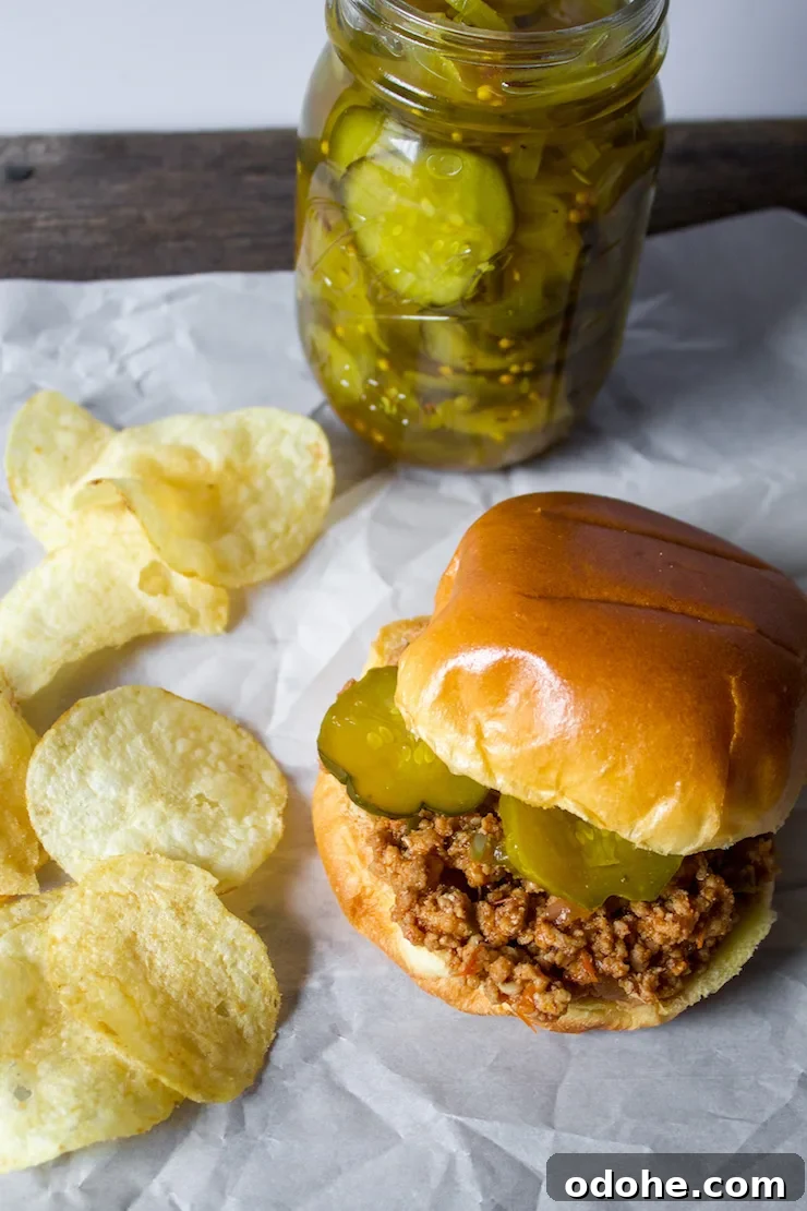 Sloppy joe sandwich with pickles and potato chips