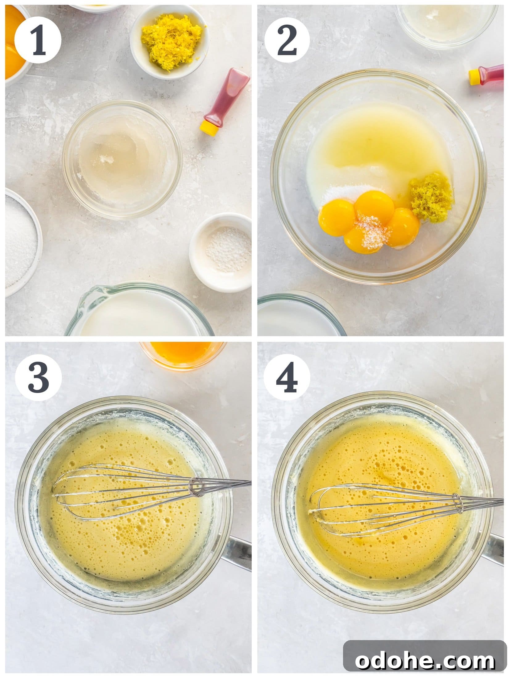 Homemade Lemon Mousse Recipe: Light, Zesty, from Scratch 4 Showing the process of mixing egg yolks, sugar, lemon juice, lemon zest, and salt to make mousse.
