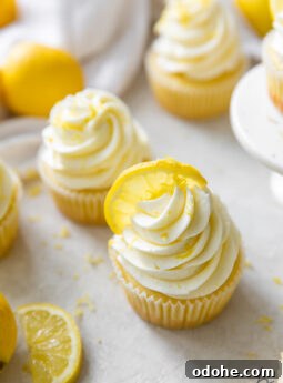 lemon cupcake with lemon buttercream frosting and a lemon slice next to another lemon slice and cupcake.