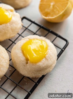 wire rack with lemon curd cookie with yellow curd in the center.