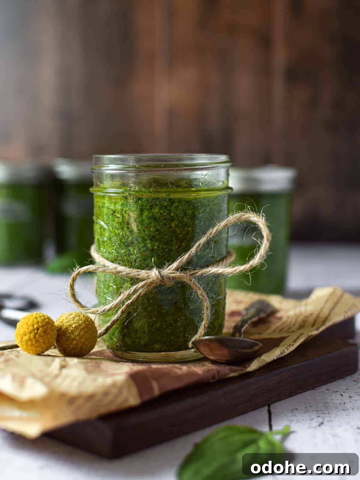 Roasted Garlic Pesto Sauce Recipe for Rich, Creamy Flavor 2 Eye-level view of pesto sauce in a clear jar on a wooden surface.