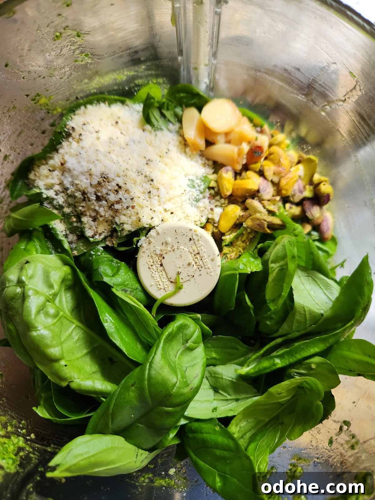 Roasted Garlic Pesto Sauce Recipe for Rich, Creamy Flavor 6 Ingredients for roasted garlic pesto in a food processor.