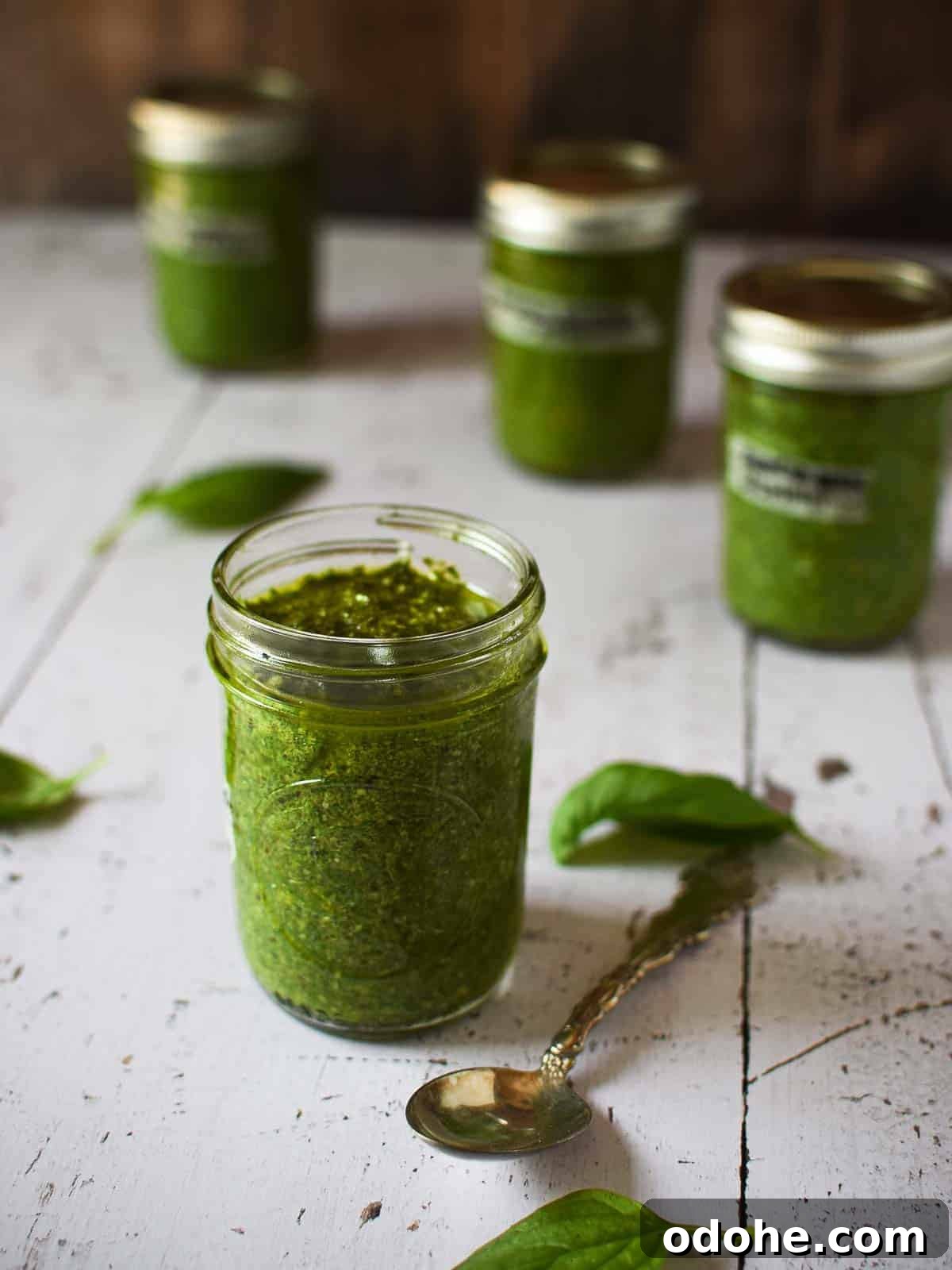 Roasted Garlic Pesto Sauce Recipe for Rich, Creamy Flavor 9 Multiple jars of pesto sauce in clear jars on a wooden surface.