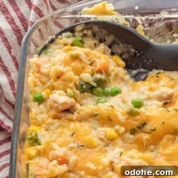 Cheesy Chicken, Rice & Veggie Casserole Recipe 17 Baked Chicken and rice casserole in glass baking dish.