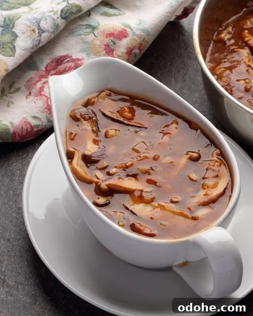 Savory Vegan Mushroom Gravy Recipe for Roasts & Mashed Potatoes 2 Gravy Boat filled with mushroom gravy