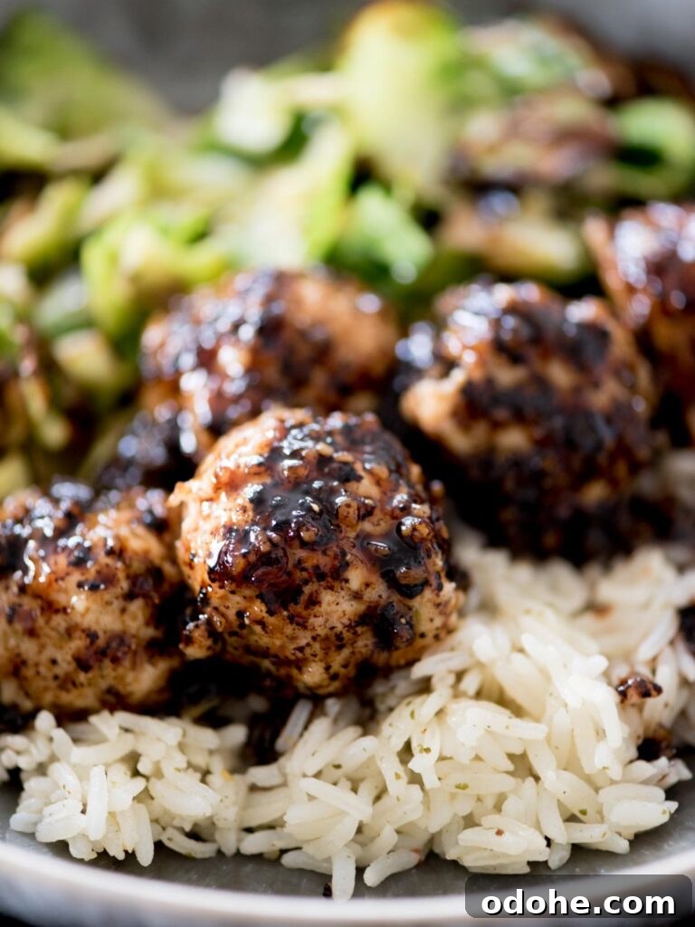 Sticky-Sauce Chicken Meatballs with Sweet Glaze 16 sticky sweet chicken meatballs in a bowl with rice and brussels sprouts