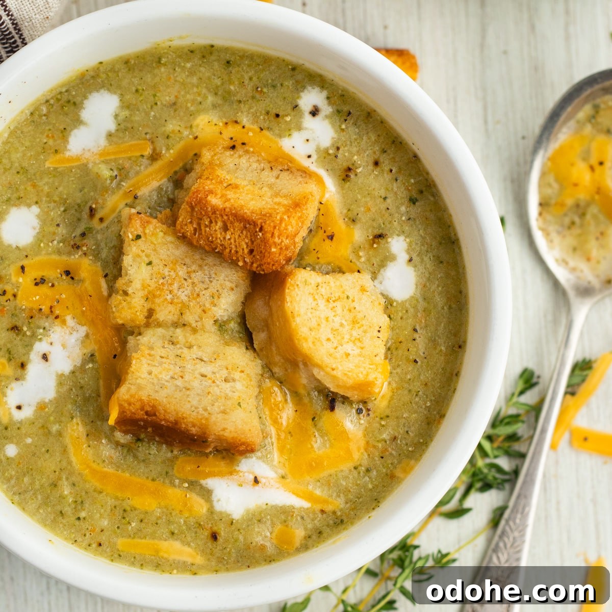 This is a square picture of this broccoli zucchini soup recipe.