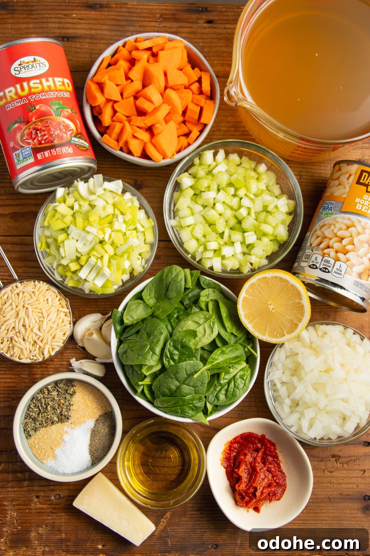 This is a picture of all the ingredients to make this orzo soup.