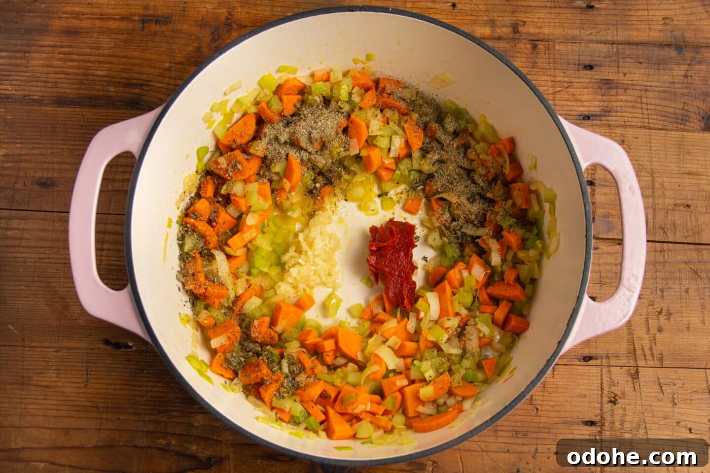 This is the pot of veggies with spices, garlic and tomato paste added.