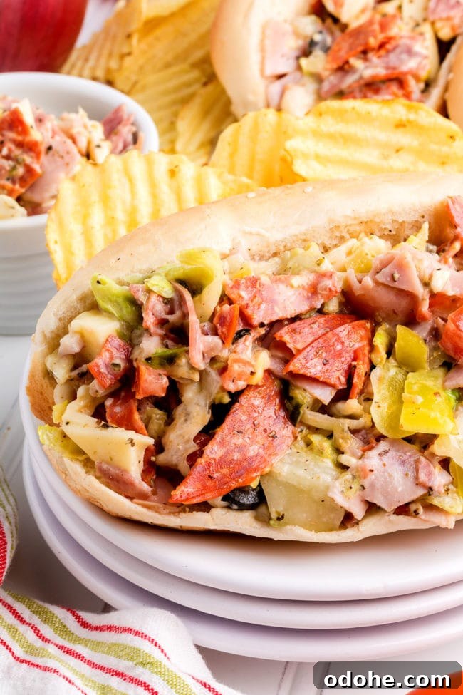 Crispy Chopped Italian Sandwich + Fix for Soggy Buns 14 Chopped Italian Sandwich on a plate with potato chips