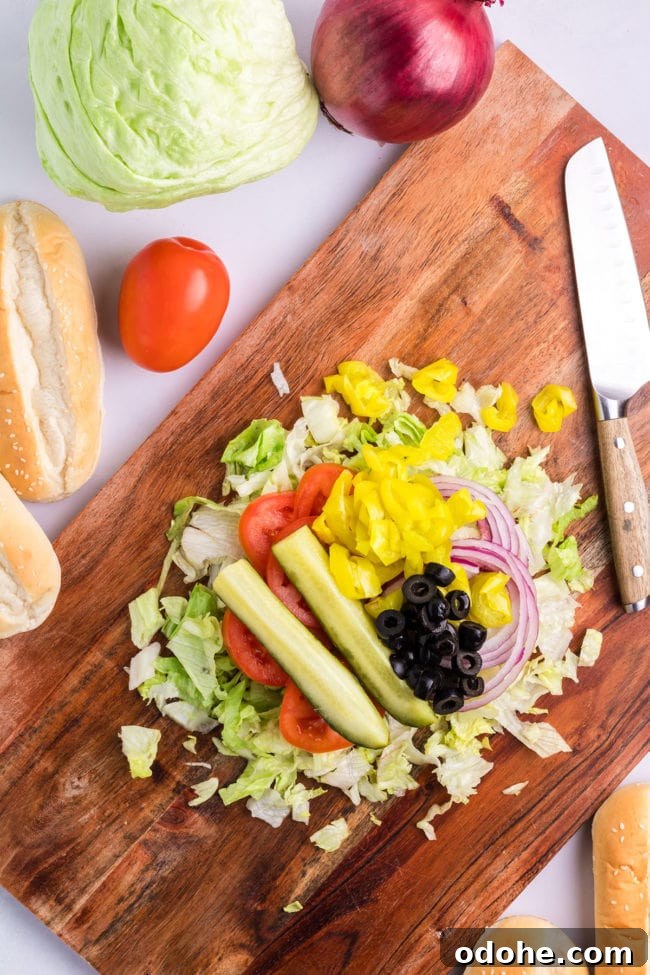 Crispy Chopped Italian Sandwich + Fix for Soggy Buns 4 chopped veggies for a Chopped Italian Sandwich