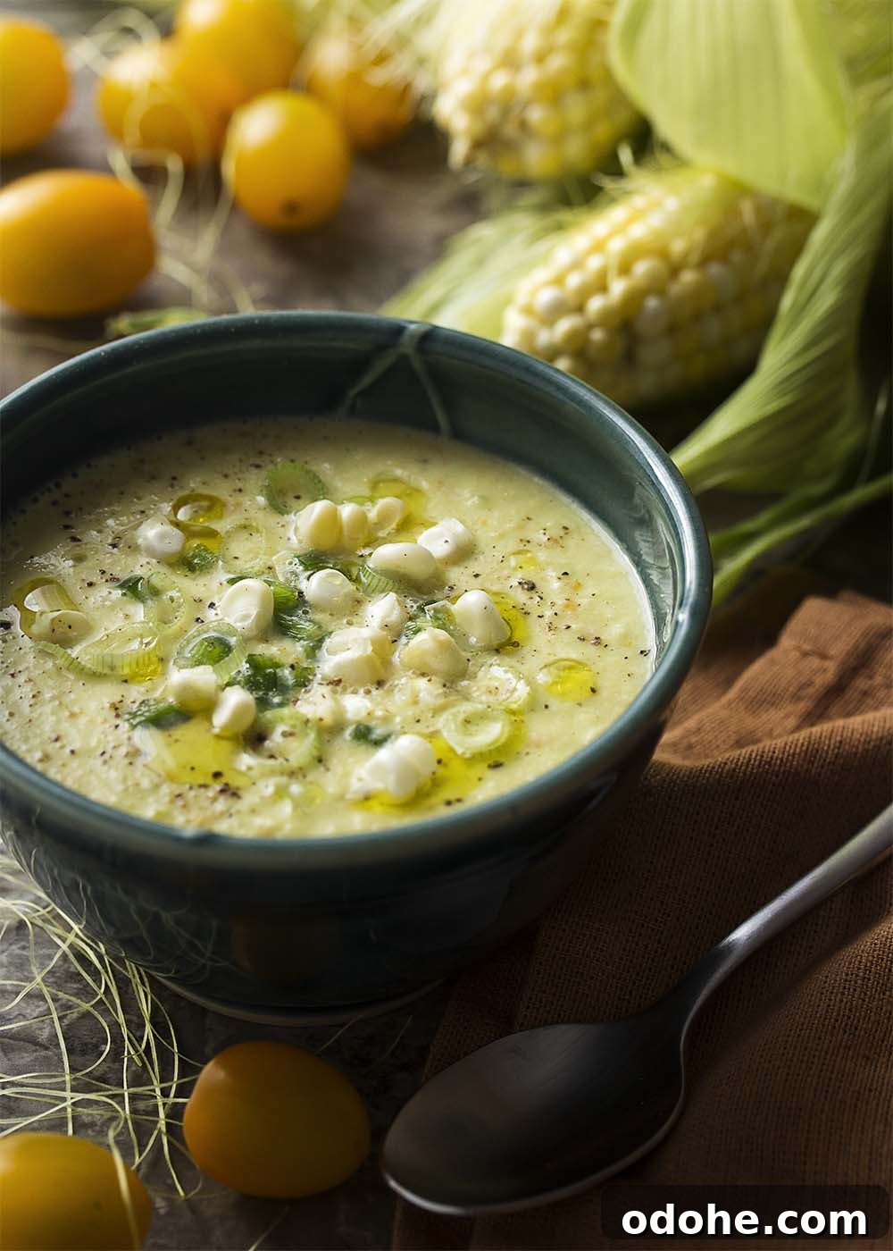 Corn gazpacho is a sweet and spicy cold soup which is refreshing for summer! Easy and quick, it's full of fresh corn, yellow tomatoes, and spicy peppers.
