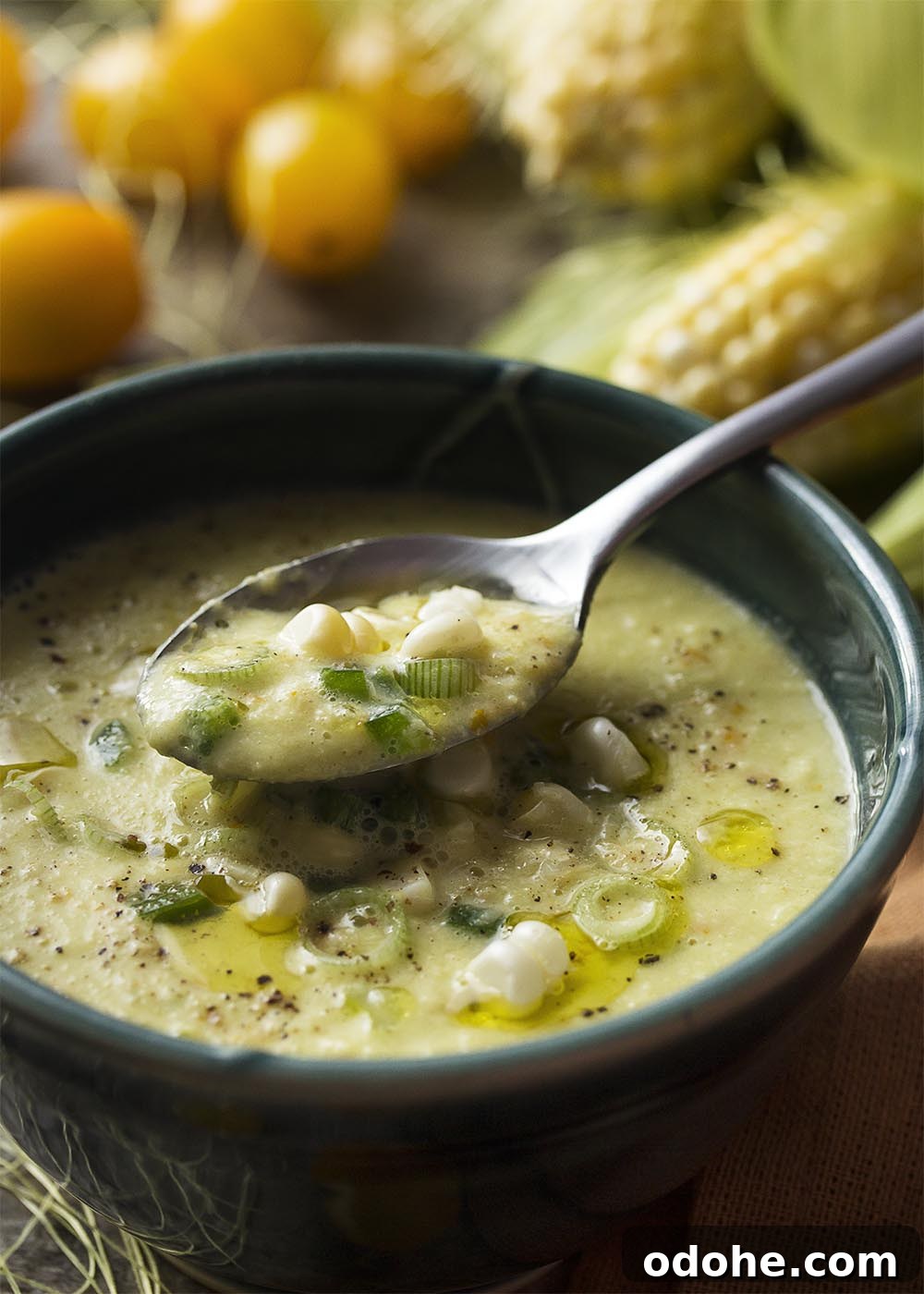 Corn gazpacho is a sweet and spicy cold soup which is refreshing for summer! Easy and quick, it's full of fresh corn, yellow tomatoes, and spicy peppers.