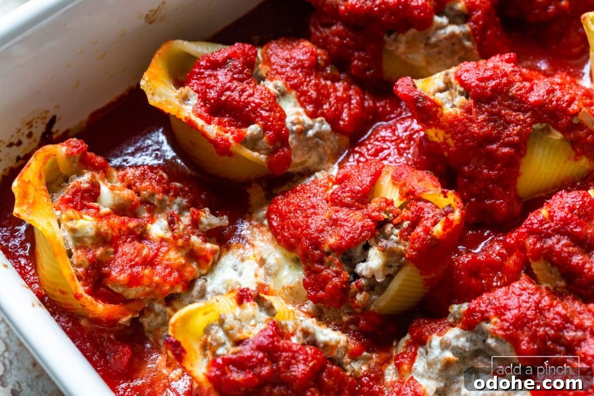 Photo of baked stuffed shells recipe.