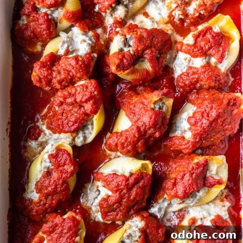 Photo of stuffed shells in a baking dish ready to be served.