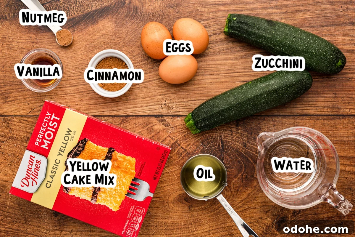 Ingredients for zucchini bread on a table with text labels.