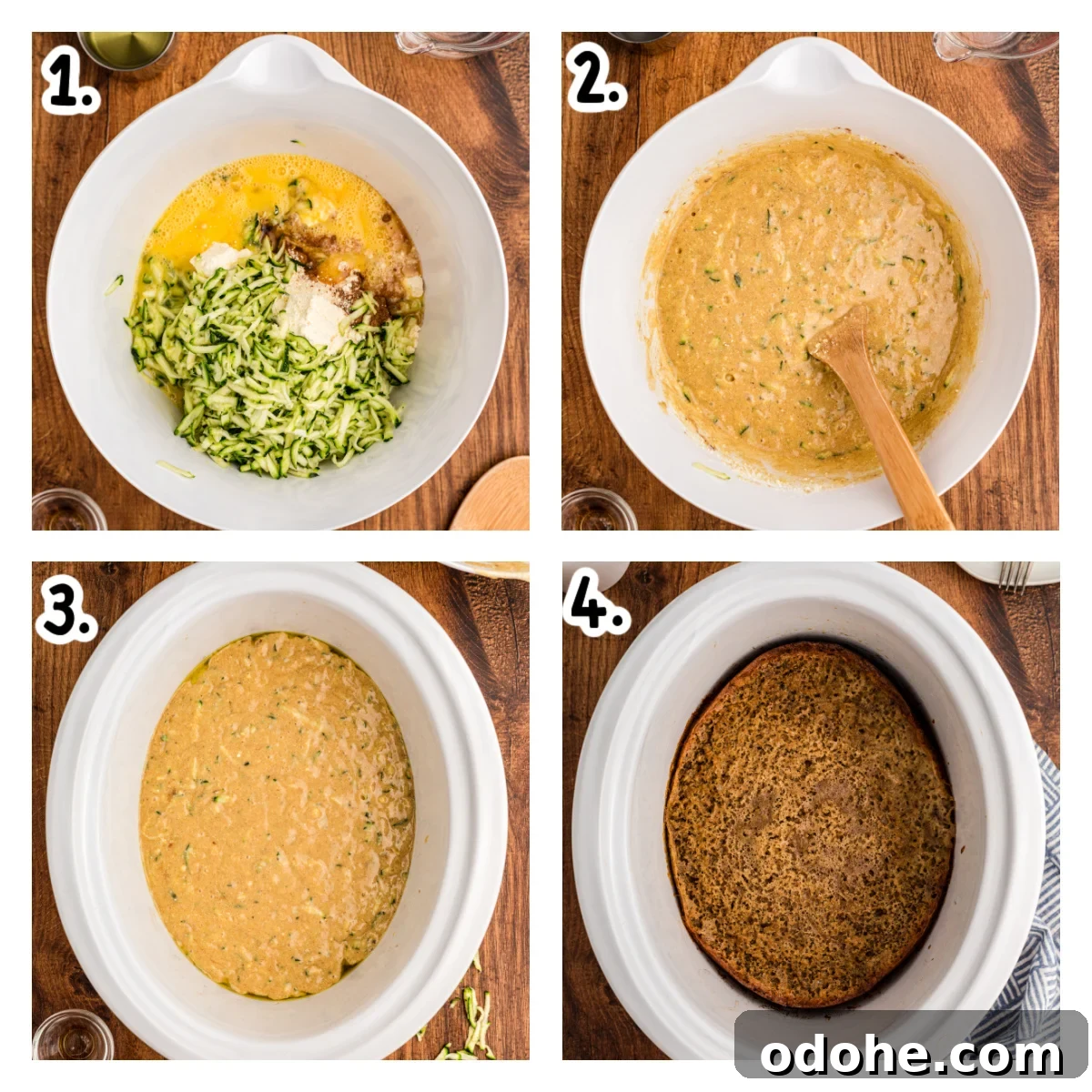 Four images of how to make zucchini bread in a slow cooker.
