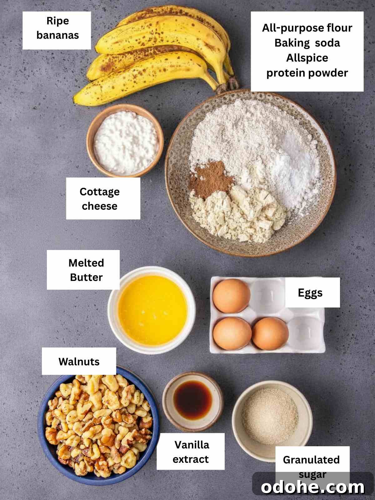 The ingredients needed to make the banana bread recipe.