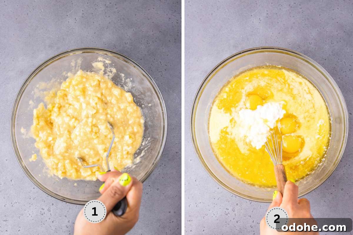 Creaming the banana with sugar, then whisking together the wet ingredients.