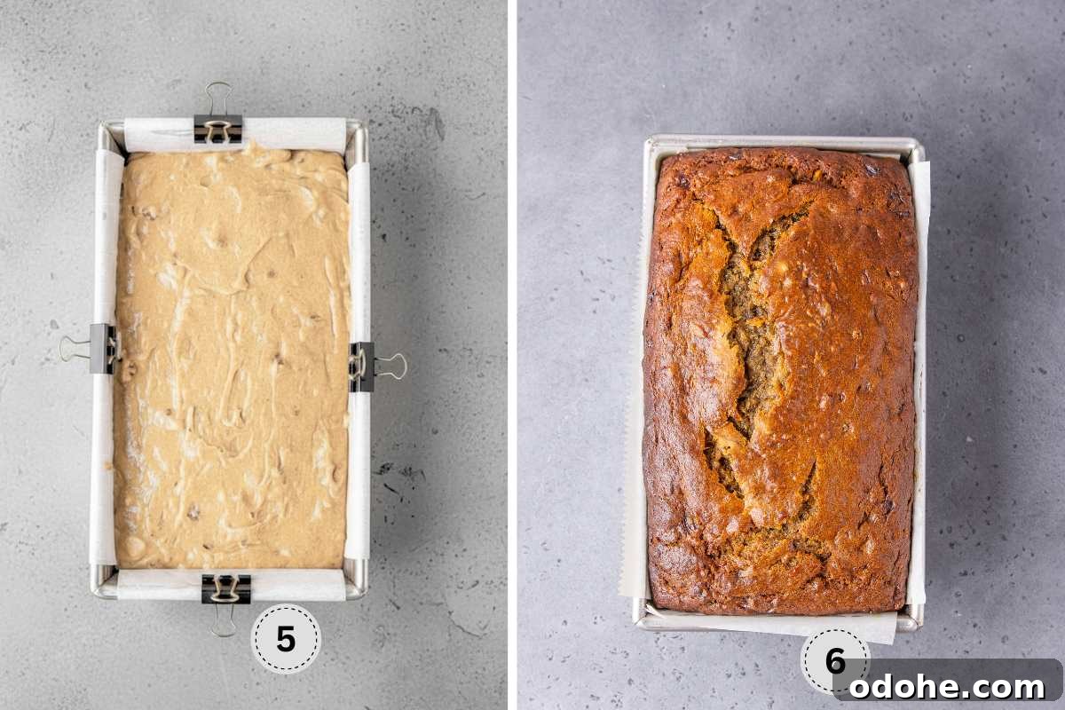 Batter in the lined loaf pan, and baked banana bread.