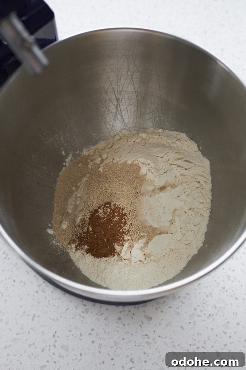 Pumpkin Sourdough Dinner Rolls Made with Discard 4 Dry ingredients in the bowl of a stand mixer.