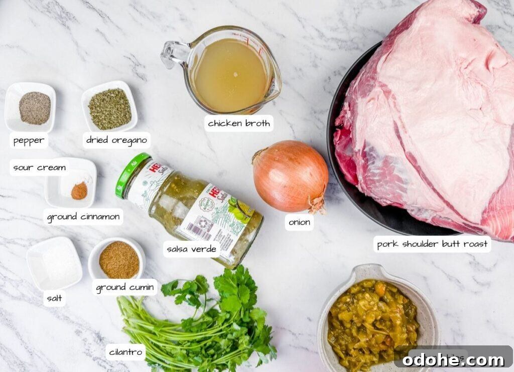 Slow Cooker Pork Chile Verde Recipe for Tender, Flavorful Pork 4 Overhead shot of various ingredients laid out on a white marble surface with gray veins, including a large piece of raw pork on a black plate, a jar of green salsa, a yellow onion, a measuring cup of broth, small bowls of spices, and fresh cilantro. Each ingredient is labeled with text.
