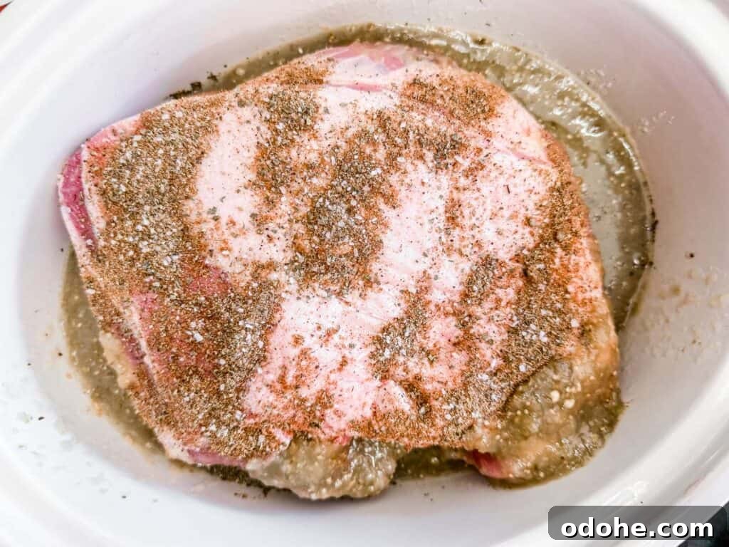 Slow Cooker Pork Chile Verde Recipe for Tender, Flavorful Pork 7 Overhead shot of a raw pork roast seasoned with spices, sitting in a white slow cooker with a thin liquid at the bottom. The pork has a pinkish hue and is coated with a visible blend of spices.