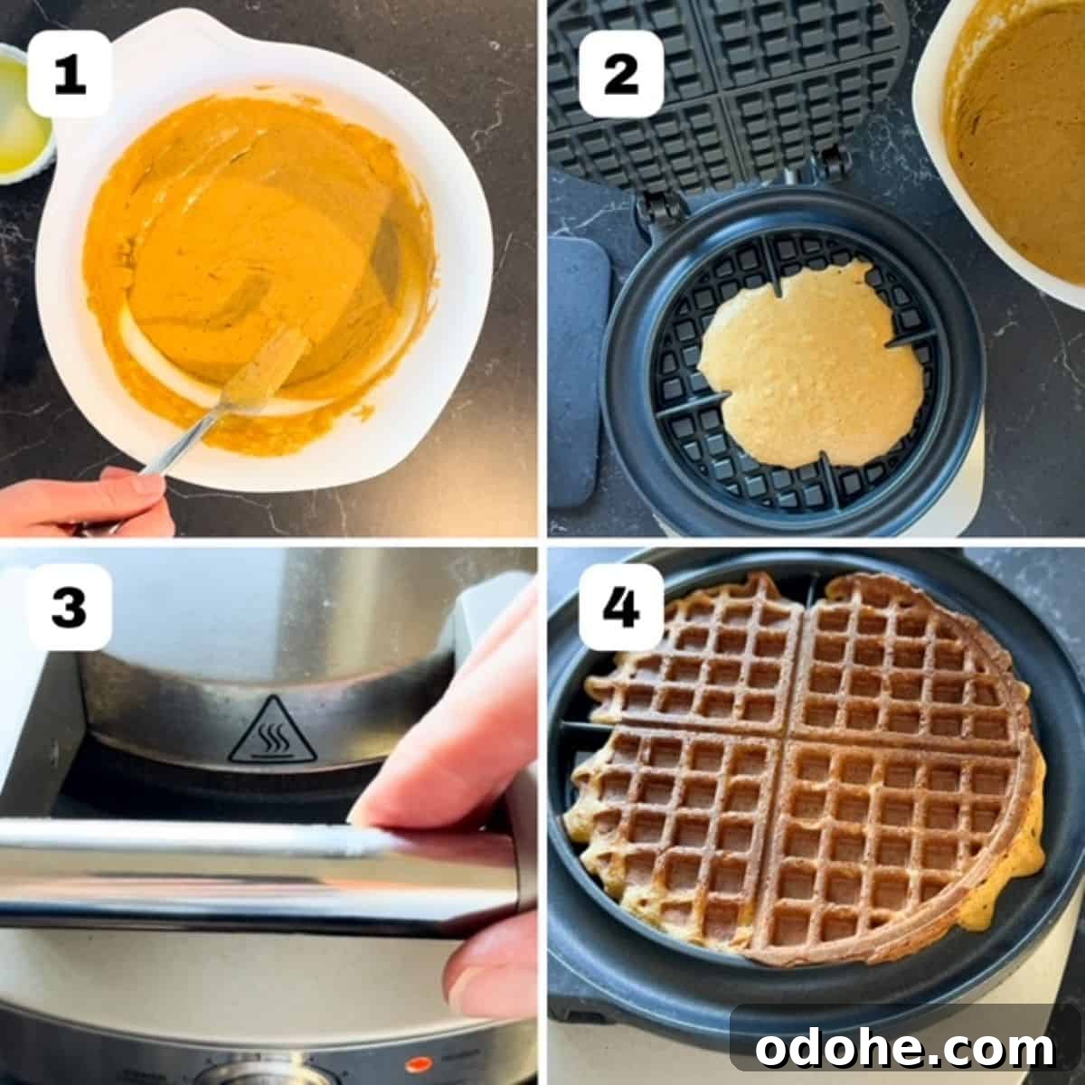 Four process images showing steps on how to make pumpkin waffles using a waffle iron.