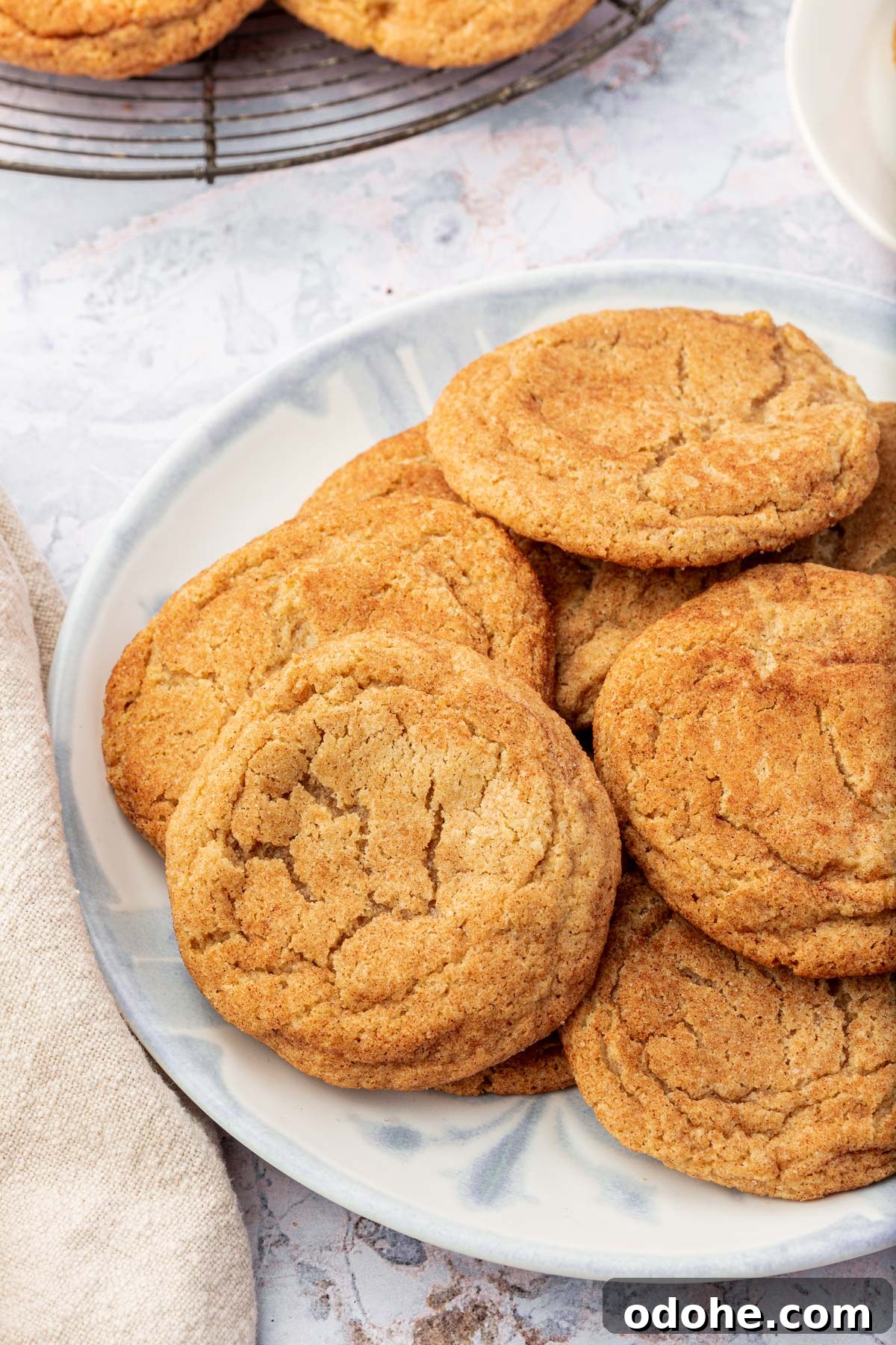 Gluten-Free Snickerdoodle Cookies Recipe: Soft, Cinnamon-Sugar Treats 13 A pile of gluten-free snickerdoodles on a blue plate.