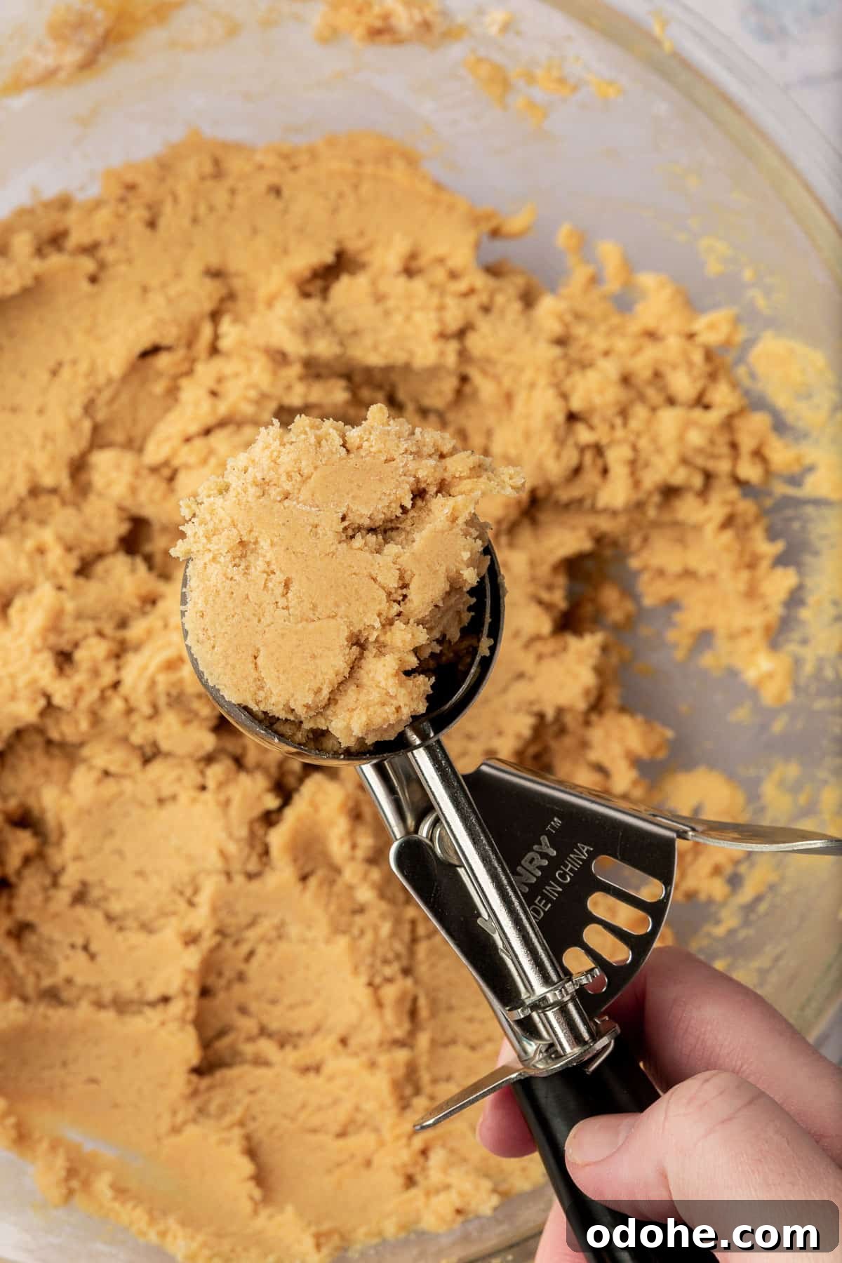 Gluten-Free Snickerdoodle Cookies Recipe: Soft, Cinnamon-Sugar Treats 9 A cookie scoop with snickerdoodle cookie dough in it over a large bowl of gluten-free cookie dough.