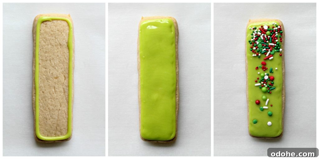 Step by step image collage making green sprinkled cookie: icing outline, flood with icing, add sprinkles.