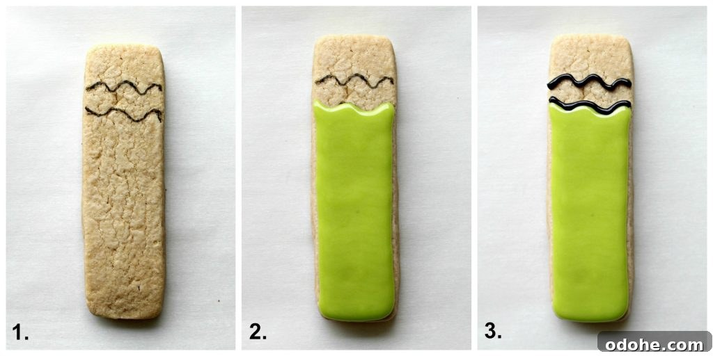 Image collage decorating Grinch cookie: draw hat lines, ice green below lines, black icing on lines.