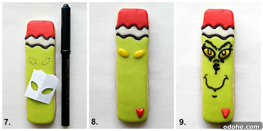 Step by step image collage decorating Grinch Cookies: trace eyes, add yellow, add heart and  details.