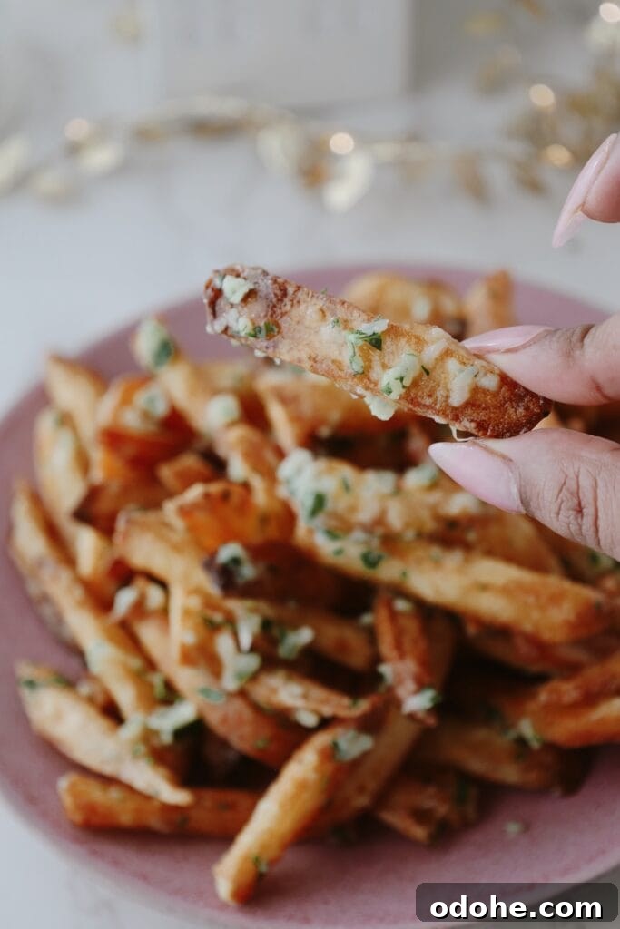 a hand holding one of the truffle french fries