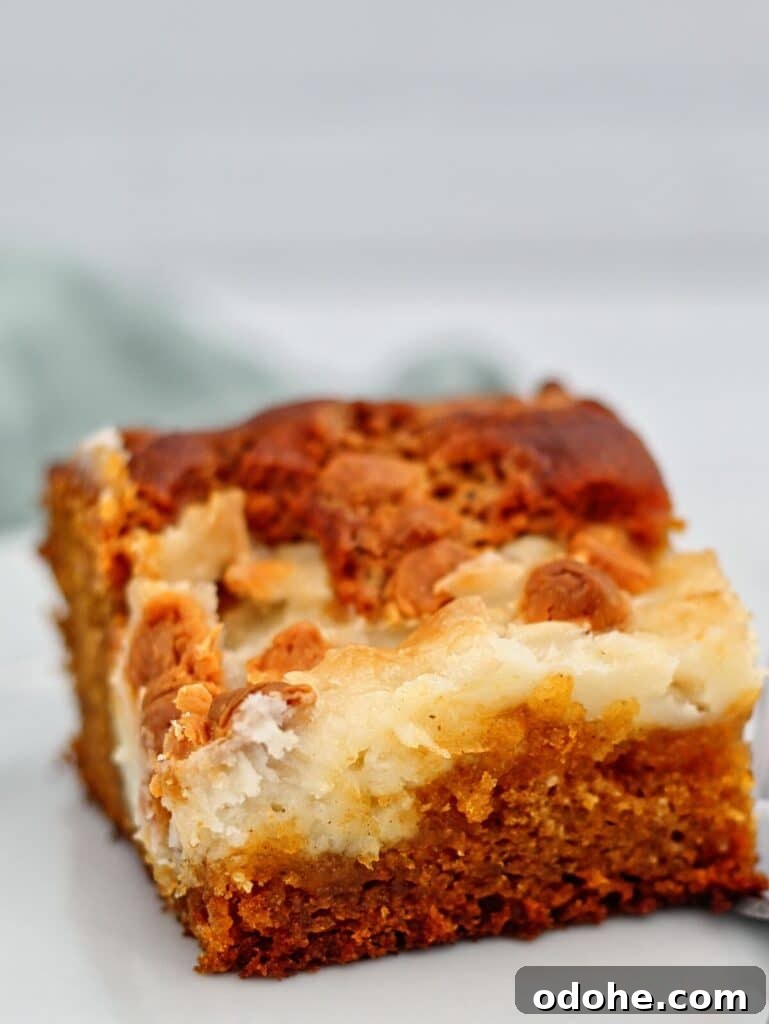 slice of gluten free pumpkin earthquake cake on white plate.