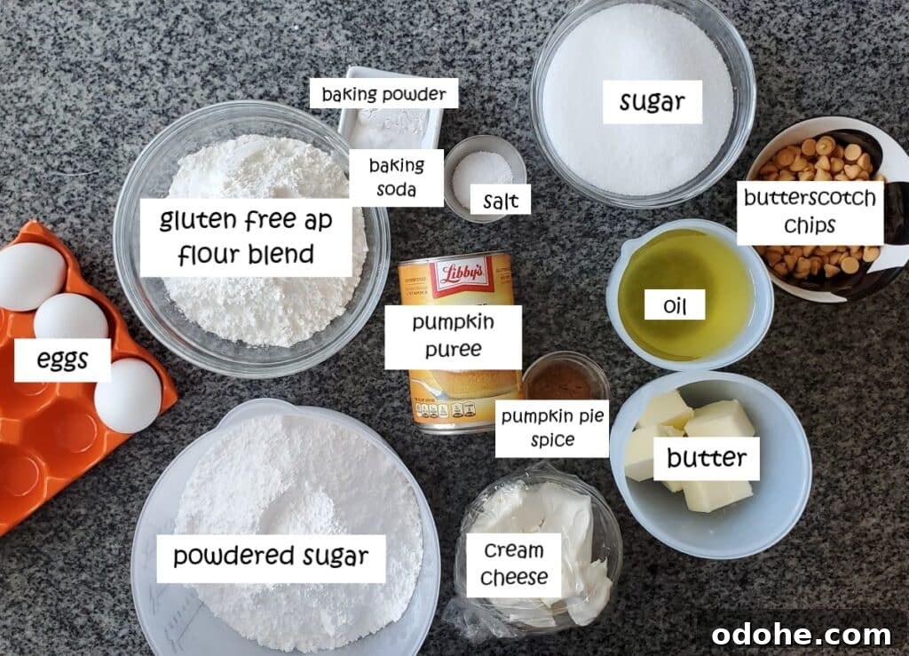 ingredients for gluten free pumpkin dessert recipes measured out and labeled on granite countertop.