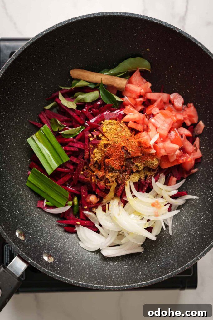 Authentic Sri Lankan Beetroot Curry Recipe with Coconut Milk 5 ingredients for beetroot curry in the pot.