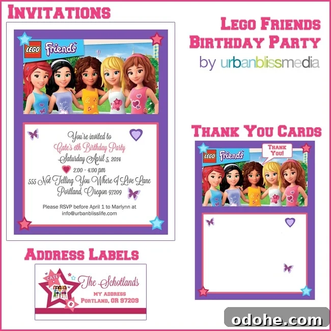Lego Friends Birthday Party Invitations Thank You Cards