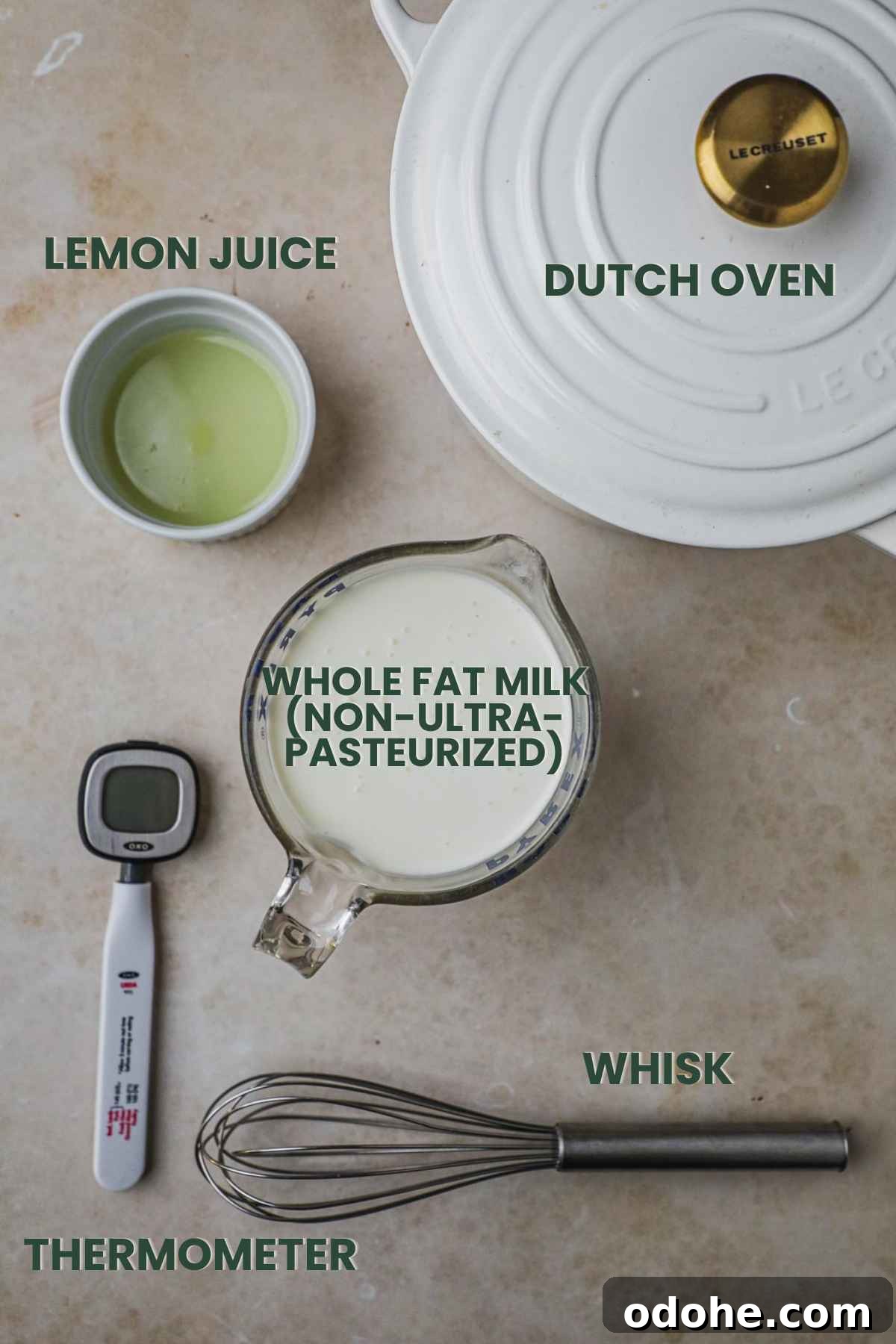 Homemade Cream Cheese: Simple Recipe for Smooth, Tangy Spread 3 Ingredients and equipment for homemade 2-ingredient cream cheese, lemon juice, non-ultra pasteurized whole milk, dutch oven, thermometer, whisk.