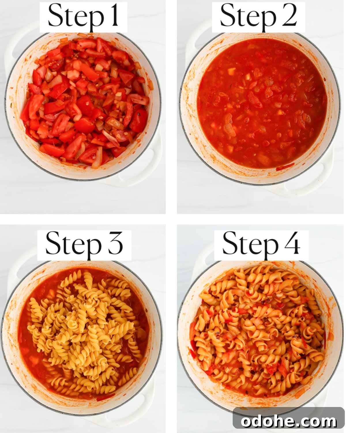 Four images labeled "step 1 - step 4". Step 1: A white pot filled with cooked tomatoes and onions. Step 2: red sauce in a white pot. Step 4: uncooked pasta on top of red sauce in a white pot. Step 4: cooked pasta tossed in sauce in a white pot.