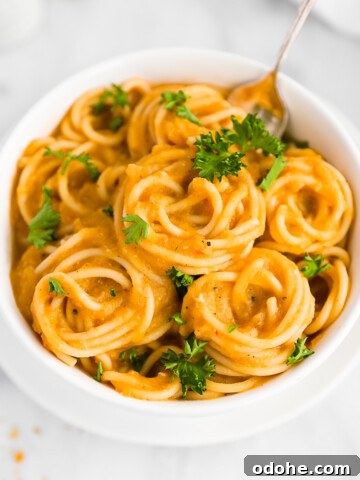 A bowl of creamy butternut squash sauce over spaghetti noodles
