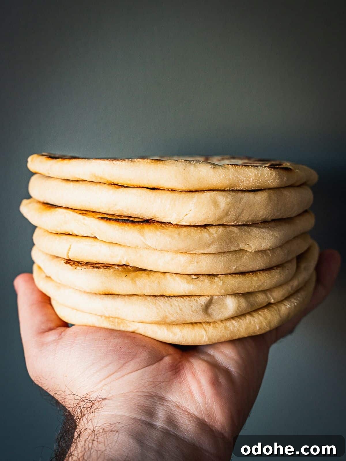 A stack of pita breads in a hand. 
