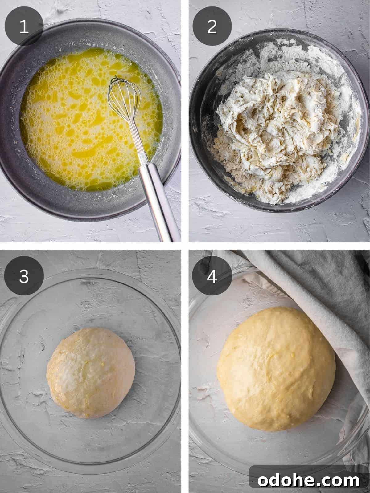 Homemade Greek pita bread recipe steps showing the mixing of the dough ball.